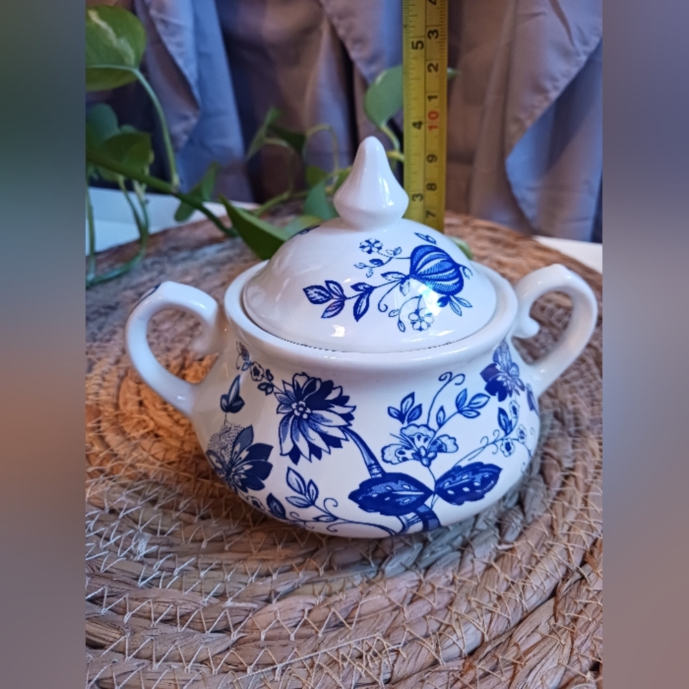 Vintage Blue Nordic Blue Onion Ironstone Lidded Sugar Bowl 1960s J&G Meakin - Picture 9 of 11